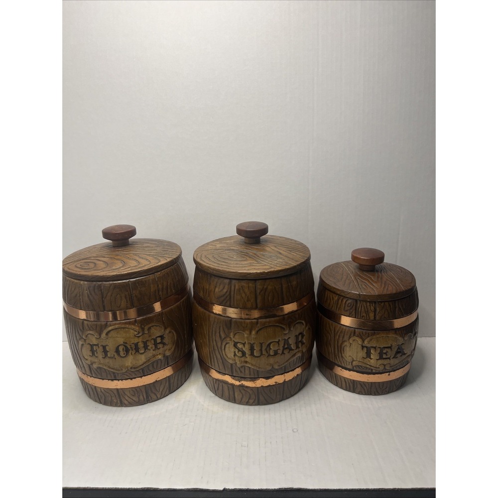 Vintage MCM Treasure Craft Faux Wood Grain Barrel Ceramic Canister Set Of 3